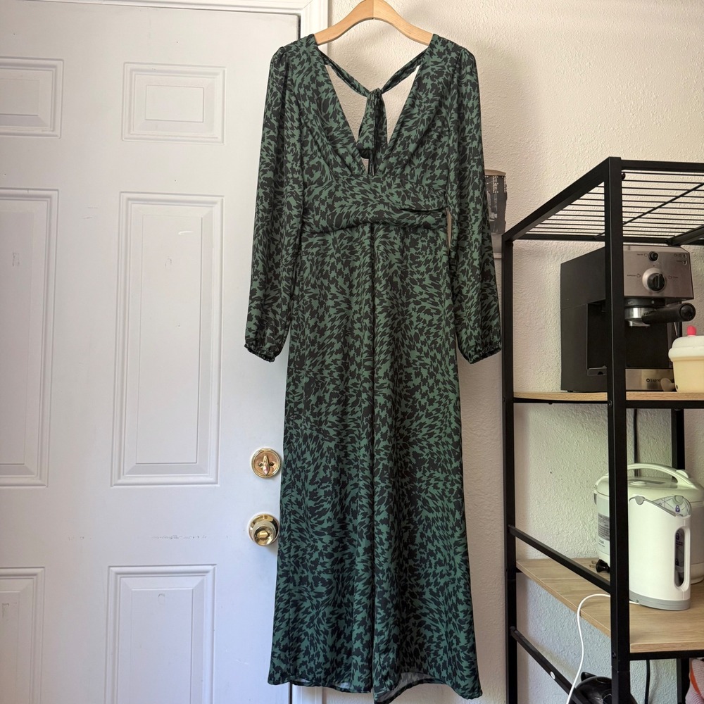 RESA green grey houndstooth tie back puff long sleeve wide straight leg jumpsuit